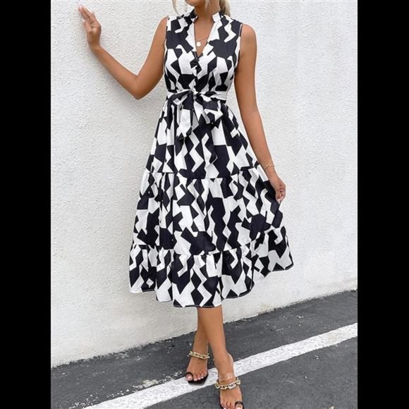 Women's V Neck Sleeveless High Rise A-Line Dress - Picture 3 of 14